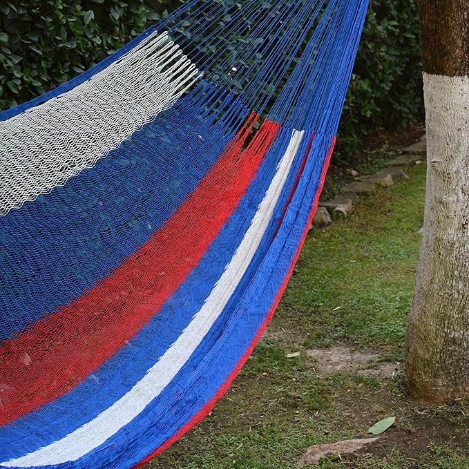 NOVICA Red White and Blue Striped Hand Woven Nylon Mayan 2 Person XL Patriotic Rope Hammock with Hanging Accessories, 'Patriotic' (Double)