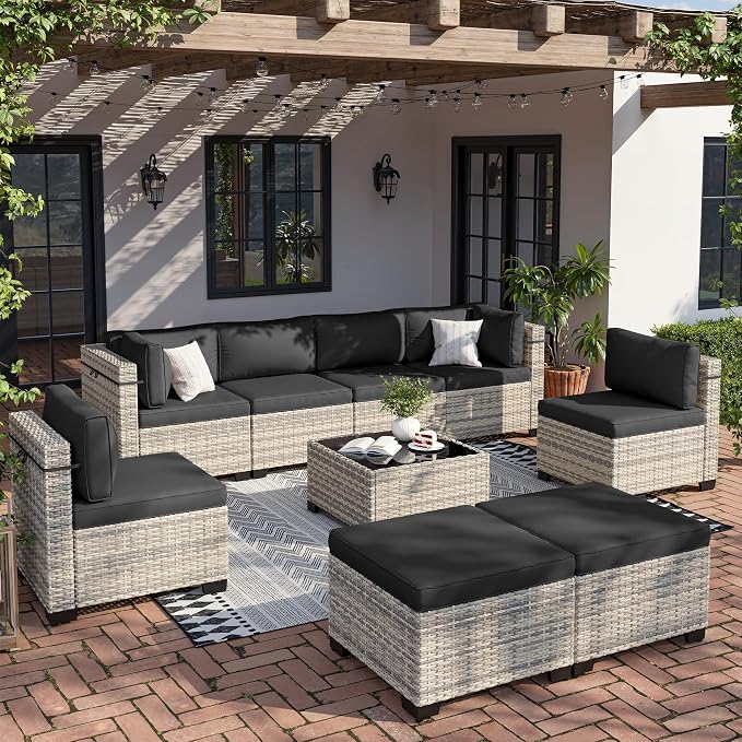 9-Piece Patio Furniture Set, Outdoor Sectional with Ottomans, Modular Patio Sofa, Dual-Strand Wicker Rattan, Rust-Resistant Frame, Backyard Furniture for Garden, Deck, Black