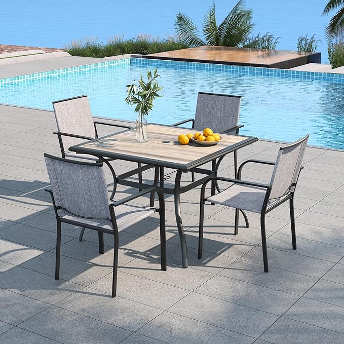 Anmutig 5 Piece Outdoor Patio Dining Set with Gray Stackable Chairs and 37" PVC Square Table
