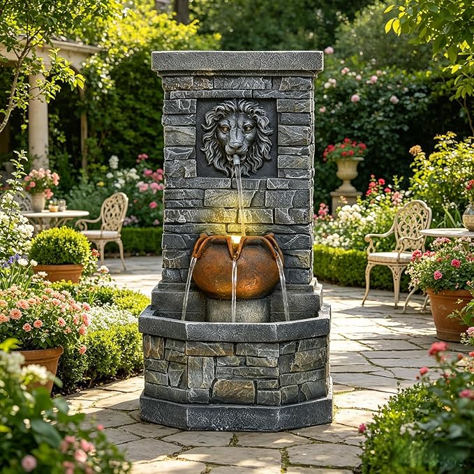 32'' Outdoor Water Fountain, Lion Head Floor-Standing Stone Waterfall Fountain with LED Lights, Garden Decor Water Feature for Patio, Backyard, Deck, Porch, Home Art Decor