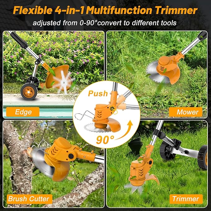 Electric Weed Wacker Cordless Weed Eater Battery Powered 21V, 4-in-1 Brush Cutter/String Trimmer/Grass Trimmer/Lawn Mower, 6 inch Lightweight Edger Stringless Weed Trimmer with Wheel & Blade,2 Battery