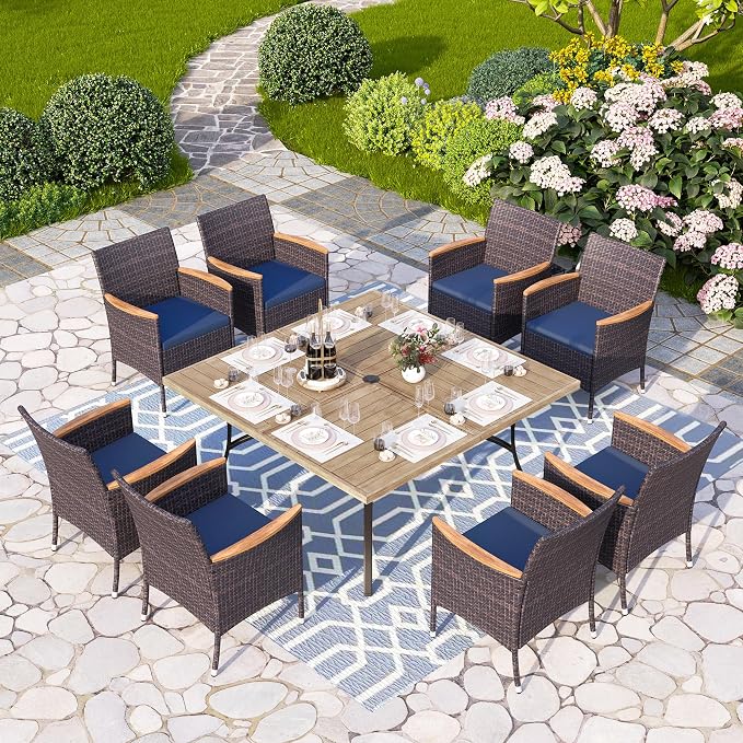 PHI VILLA 9 Pieces Patio Square Dining Set for 8, 57” Wood-Like Large Metal Steel Dining Table & Rattan Wicker Chairs with Cushions, Outdoor Dining Furniture for Deck, Yard, Porch