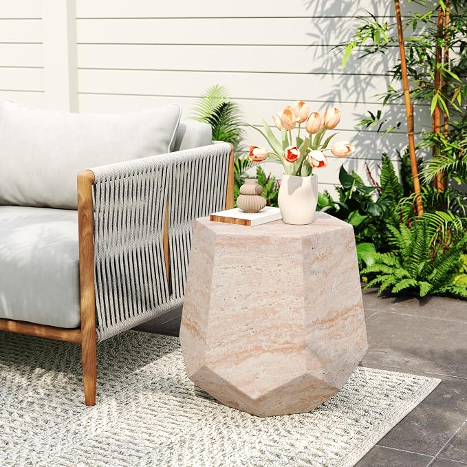 Outdoor Side Table 18.75" Geometric Shape Concrete Side Table, Patio Tables for Outside Decorative Garden Stools, No Assembly Accent Table for Patio Porch Living Room, Beige