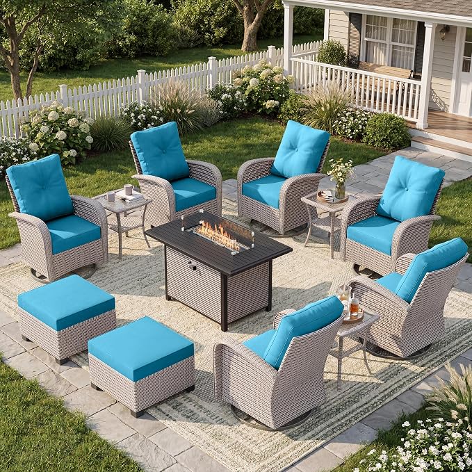 12-Piece Patio Furniture Set, Outdoor Swivel Rocking Chairs Set with 55,000 BTU Fire Pit Table,All Weather Conversation Set for Porch Poolside Balcony