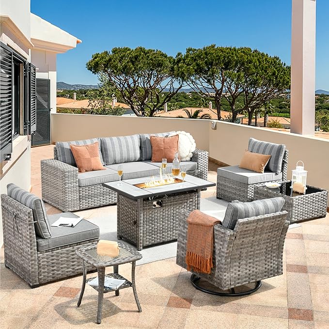 HOOOWOOO Outdoor Patio Sectional Furniture Sofa Set with Large Fire Pit Table,9 Piece Modern Wicker Couch with Swivel Chair,Modular Conversation Seating Set with Widened Armrest(Grey Strips)