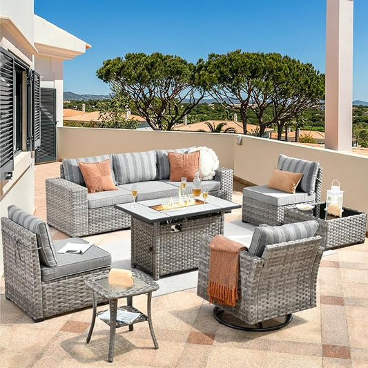 HOOOWOOO Outdoor Patio Sectional Furniture Sofa Set with Large Fire Pit Table,9 Piece Modern Wicker Couch with Swivel Chair,Modular Conversation Seating Set with Widened Armrest(Grey Strips)