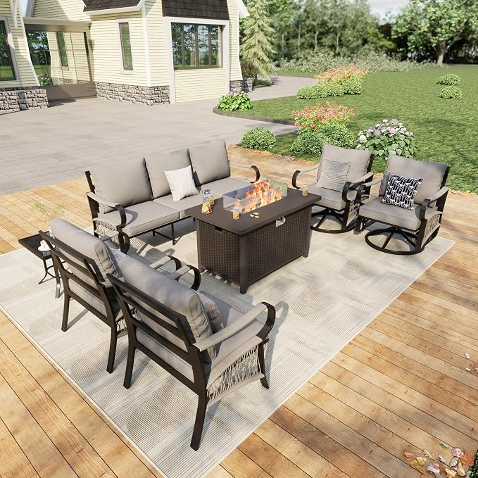 7 Pieces Patio Furniture Set, Metal Outdoor Conversation Sets with Fire Pit Table and Swivel Chairs for Backyard Garden Deck Porch Poolside (Thick Gray Cushions)