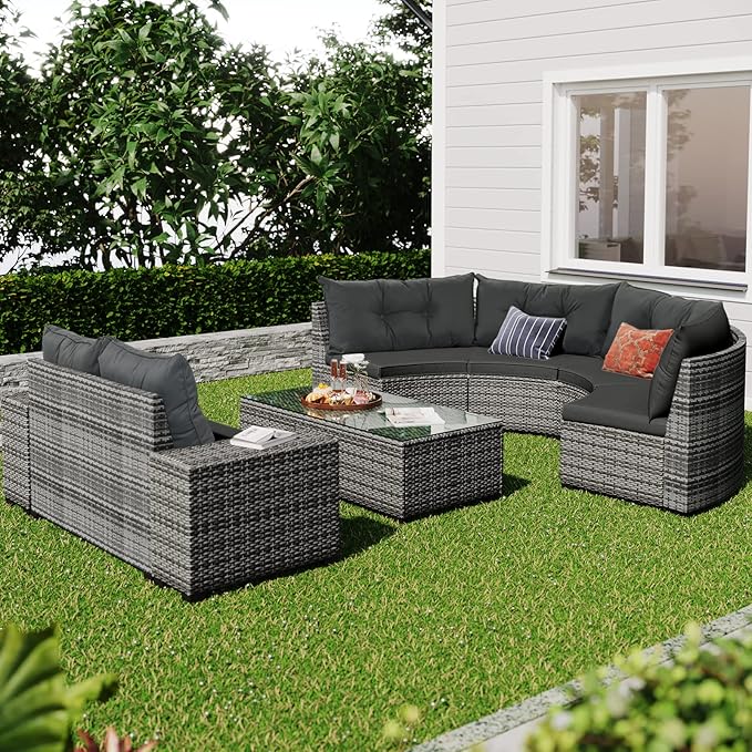 8-Piece Half-Moon Curved Outdoor Sofa Set, Outdoor All-Weather Wicker Patio Conversation Set with Coffee Table Curved Garden Patio Furniture Set with Movable Cushion and Pillows for Pool Backyard,Grey