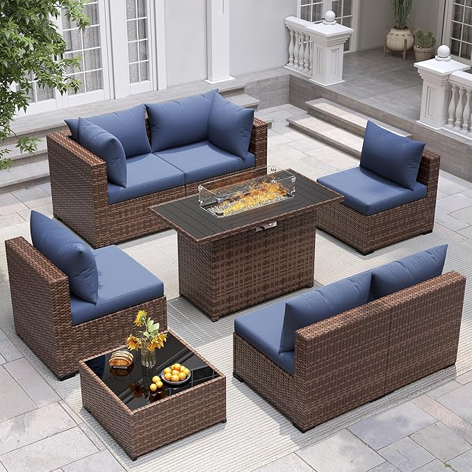 UDPATIO Furniture Set with Fire Pit Table, 8 Piece Sectional Sofas, All-Weather Wicker Conversation for Garden, Backyard, Navy Blue