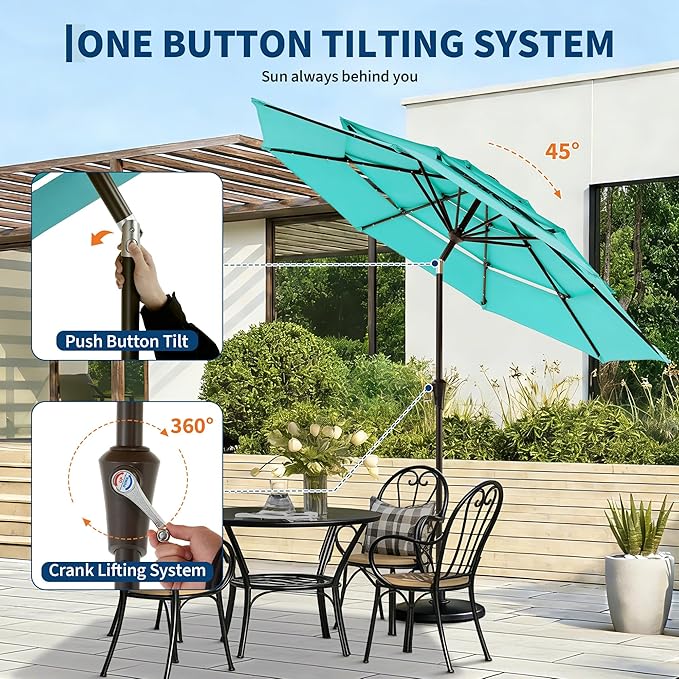 9FT 3-Tier Patio Umbrella with Solar LED Lights, Outdoor Table Umbrella with Tilt & Crank, Ventilated Large Market Umbrella with 8 Ribs, UV Protection for Deck, Pool, Garden