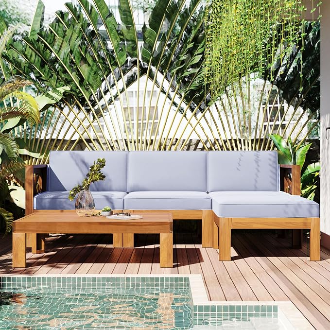 JIVOIT 5-Piece Outdoor Backyard Patio Set, Acacia Wood Sectional Sofa Seating Group Set with Tea Table and Cushions, Conversation Furniture Set for Garden Backyard Poolside