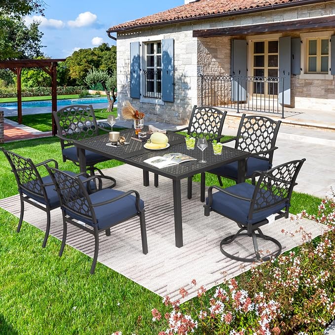 Domi Outdoor 7 pcs Patio Dining Set, Metal Dining Table, Swivel and Dining Chairs Conversation Set with Removable Navy Blue Cushions for Garden Lawn Yard