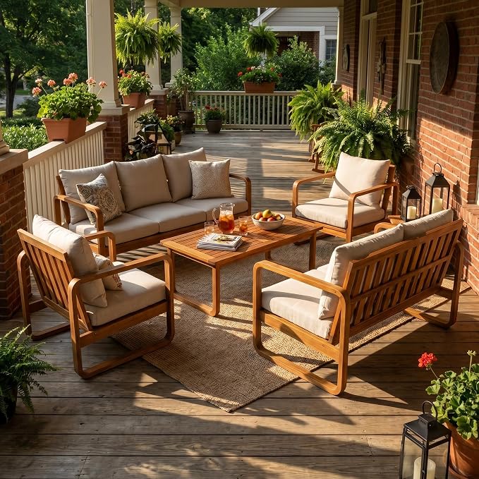 Christopher Knight Home Myra Acacia Wood 5 Piece Outdoor Patio Furniture Set, Wooden Patio Conversation Set with Sofa Loveseat Club Chairs & Coffee Table, 7-Seater Patio Sofas and Table Set,Teak+Beige
