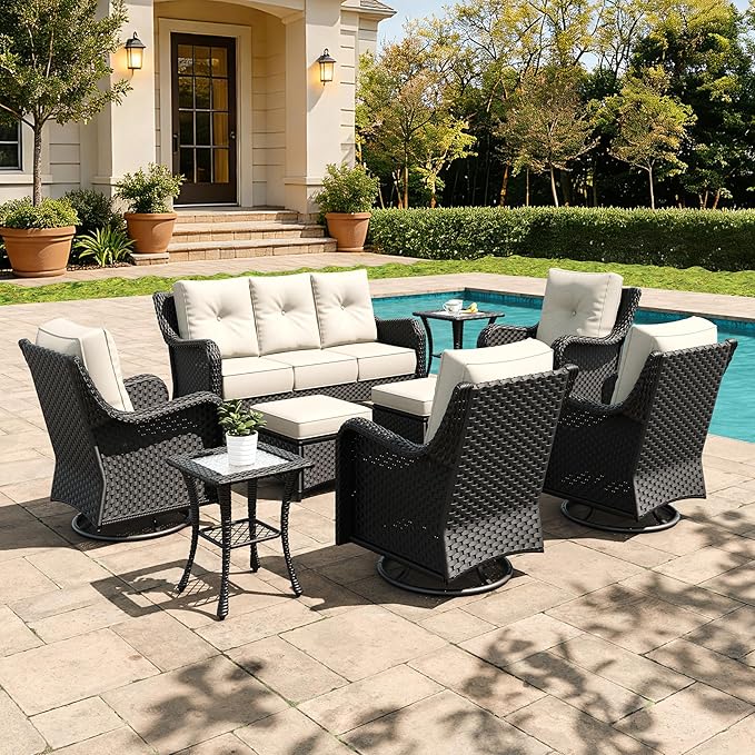 9 Pieces Outdoor Furniture Set with 6-inch Cushions, High Back Wicker Swivel Rocker Chairs with Coffee Table, Luxury Conversation Set for Deck Patio and Poolside