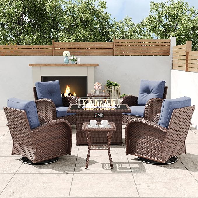 7 Pieces Outdoor Wicker Patio Swivel Rocking Chairs, All Weather Wicker Conversation Set with 44" Fire Pit Table