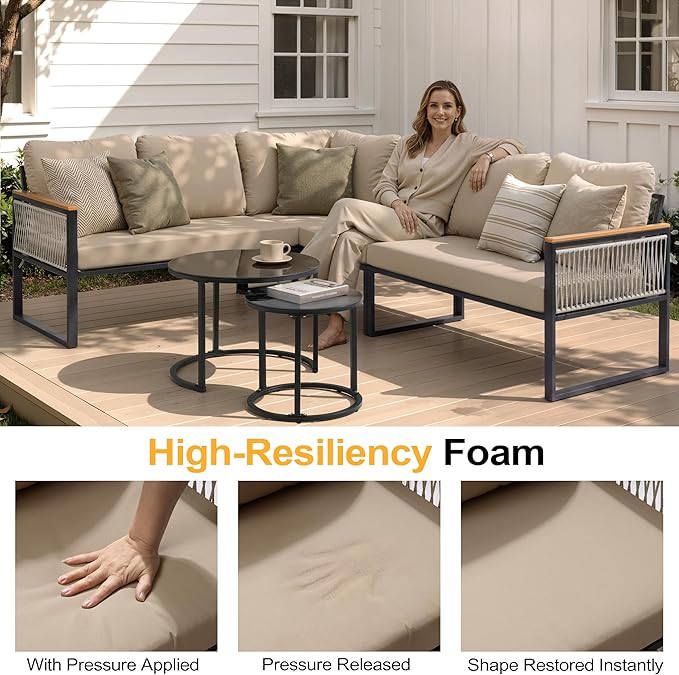 7-Piece L-Shaped Patio Conversation Sets, Hand-Woven Wicker Outdoor Sectional Sofa with Glass Nesting Coffee Table, Weather-Resistant Frame, Removable Cushion for Deck, Porch, Backyard (Beige)