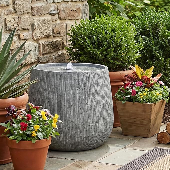Merax 12.99" H Gray Polyresin Outdoor Water Fountain, Bowl-Shaped Water Feature with LED Light for Patio Deck Yard Decor