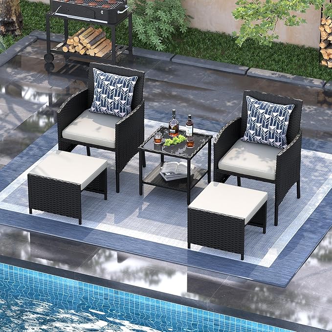 UDPATIO Outdoor Furniture Patio Chairs with Ottoman, Ideal for Balcony, Porch, 5 Piece Patio Furniture Set with Side Table for Deck, Apartment