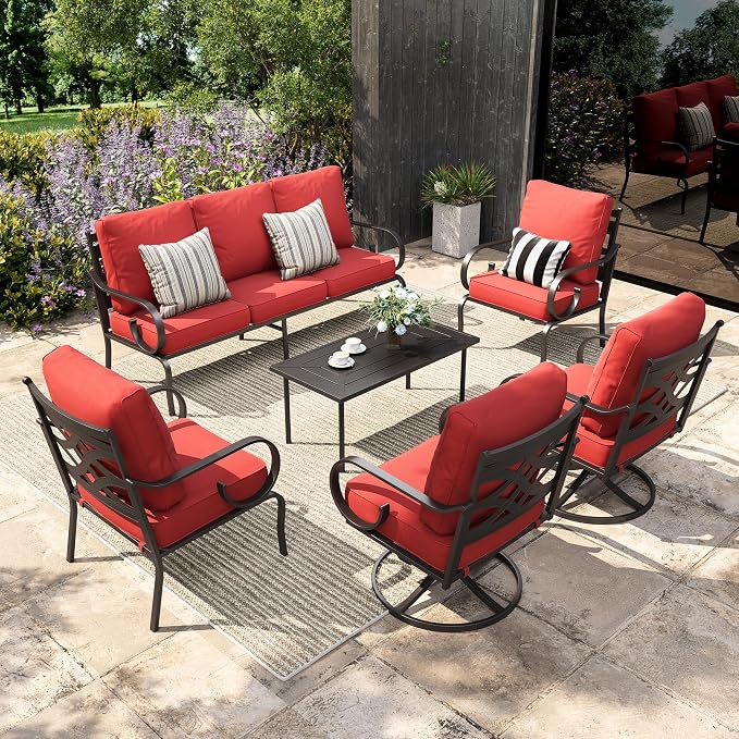 Sophia & William Patio Conversation Set for 7, 3-Seater Sofa, 2 Fixed Chairs, 2 Swivel Chairs and a Coffee Table, Metal Outdoor Furniture with 5.75" Extra Thick Cushions, Red