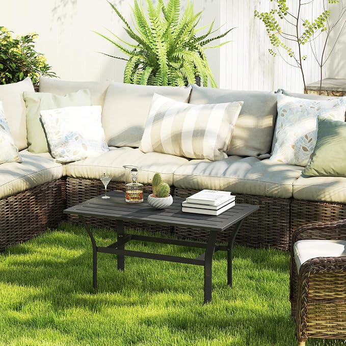 Outsunny Outdoor Coffee Table, All-Weather Rectangle Metal Patio Coffee Table with Slatted Tabletop for Outside, Patio, Garden, Balcony, Backyard, Black