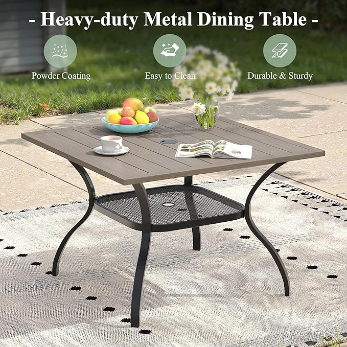 5 Pieces Outdoor Dining Set, Stackable Textilene Paito Chairs & 37.8" Square Dining Table with Umbrella Hole and Shelf, Patio Dining Set for Backyard, Deck, Garden, Grey