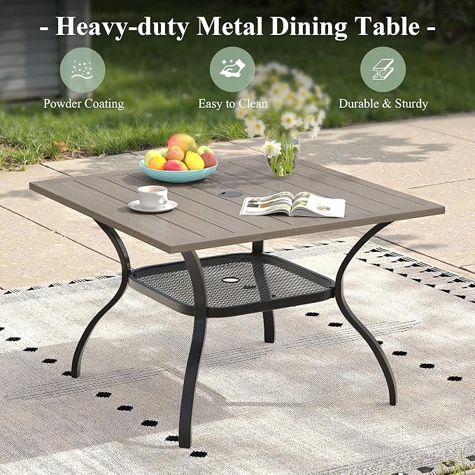 5 Pieces Outdoor Dining Set, Stackable Textilene Paito Chairs & 37.8" Square Dining Table with Umbrella Hole and Shelf, Patio Dining Set for Backyard, Deck, Garden, Grey