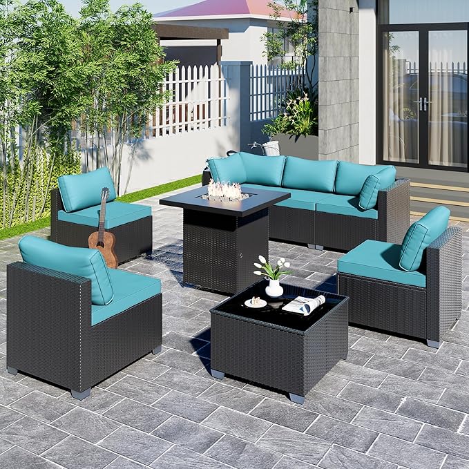 8-Piece Outdoor Patio Sectional Sofa Set with Fire Pit Table – PE Wicker Rattan Modular Conversation Furniture, Cushions & Clips Included – Patio Couch for Porch, Backyard, Poolside, Garden