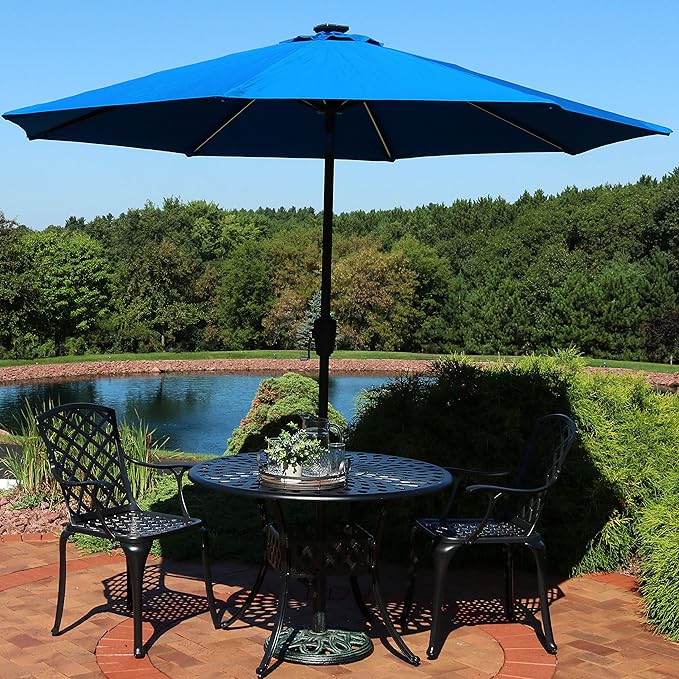 Sunnydaze 9-Foot Sunbrella Tilting Patio Umbrella with Solar LED Light Bars - Pacific Blue