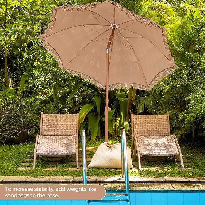 HAPPYGRILL 6.5 FT Hula Thatched Tiki Beach Umbrella, 30° Tilting Hawaiian Style Tropical Holiday Umbrella with 8 Metal Ribs, Carry Bag & Foldable Base for Patio, Garden & Pool