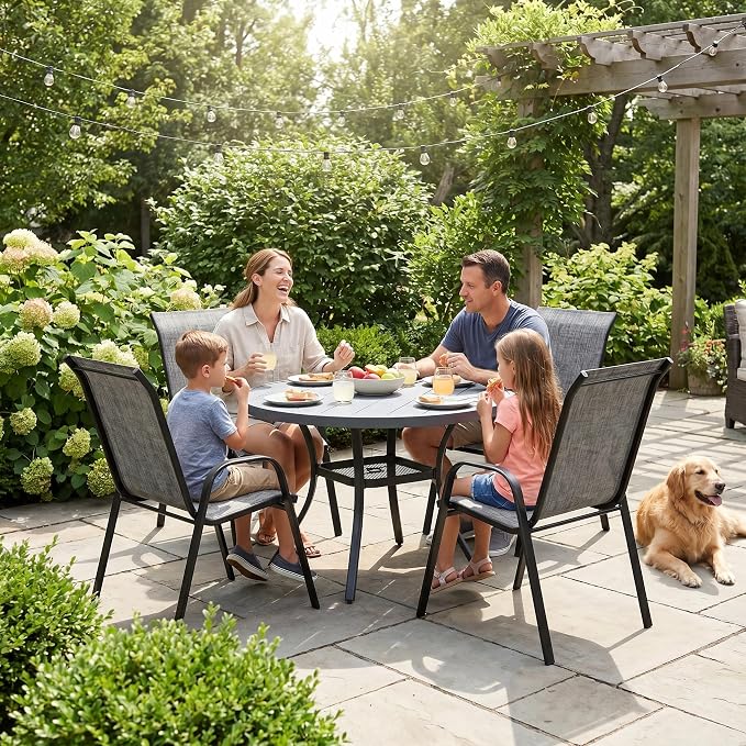 VICLLAX Metal Outdoor Dining Table for 4, All Weather 40.7" Black Round Patio Table with Adjustable Umbrella Hole for Lawn, Garden, Balcony and Poolsides, GreyTabletop