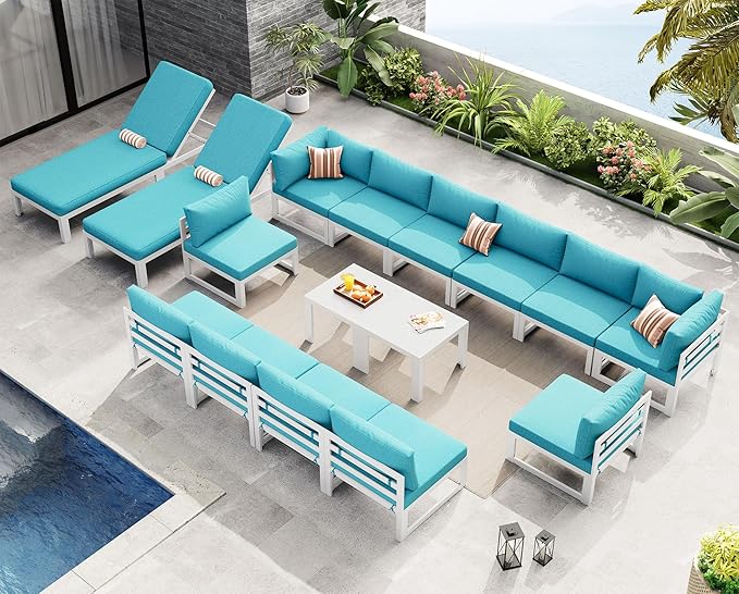 NICESOUL Oversized Modern Aluminum Outdoor Patio Furniture Set with Chaise, 29" Wide Deep Seating, Fade Resistant Sectional Sofa, 500lbs Heavy Duty Comfortable Poolside Conversation Set, Turquoise