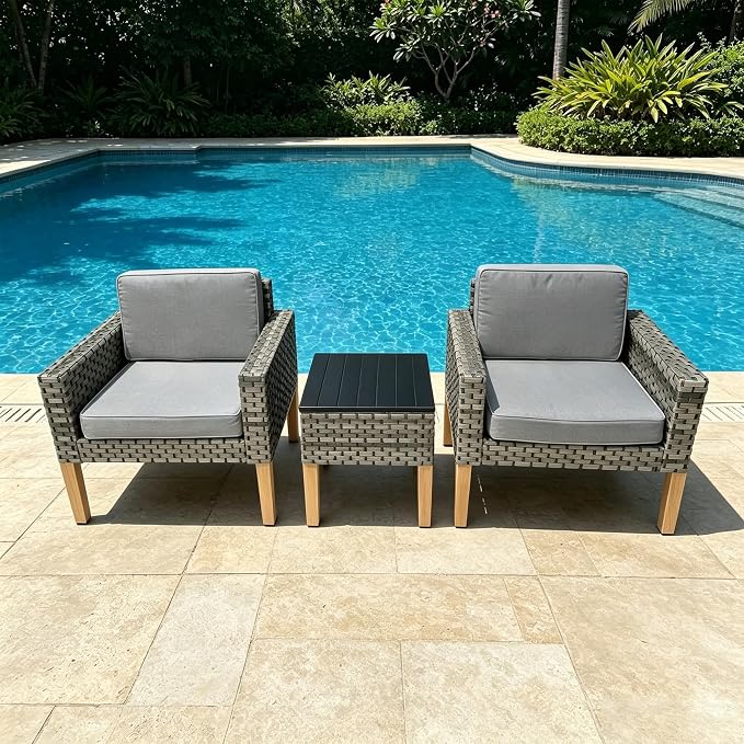 DECMICO 3 Piece Rattan Conversation Bistro Set, Outdoor Wicker Patio Furniture Set, All-Weather PE Rattan Chairs with Cushions for Backyard, Balcony, Garden, Dark Gray