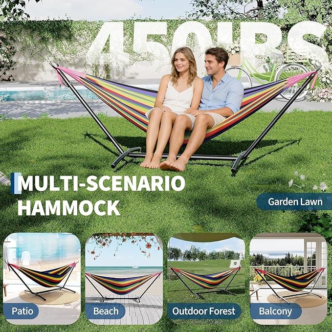 Heavy Duty 2-Person Hammock with Stand - 450lb Capacity, Adjustable Frame & Carrying Bag, Portable for Indoor Outdoor Beach Camping Patio