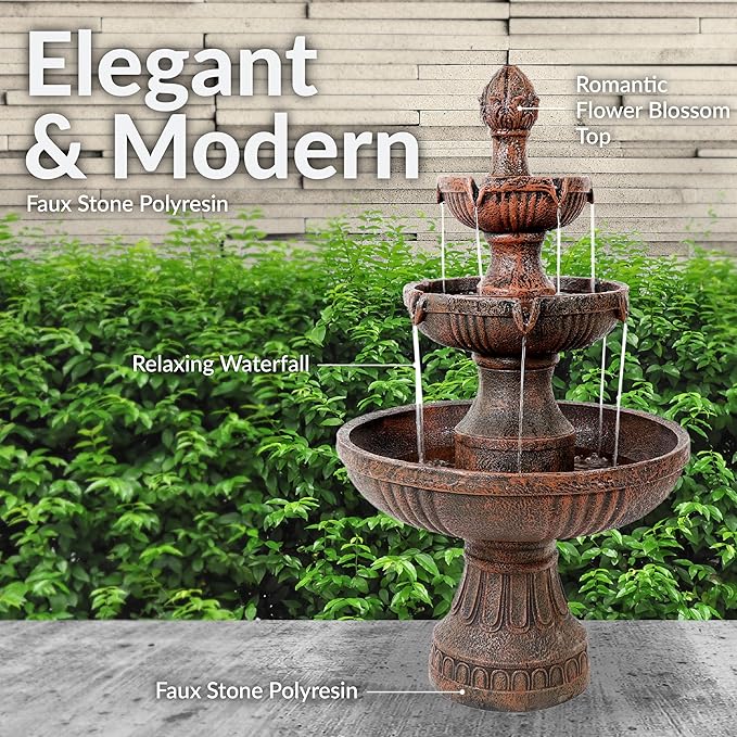 Sunnydaze Flower Blossom 43" Tiered Outdoor Water Fountain - 3-Tiered Outdoor Fountain for Garden, Patio, or Backyard - Earth Finish