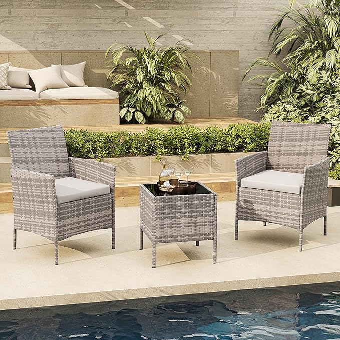 3-Piece Outdoor Furniture Set, PE Rattan Wicker Chairs with Soft Cushions & Tempered Glass Coffee Table - All-Weather Patio Set for Garden, Backyard, Porch, Poolside (Gray/Light Gray)