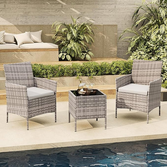 3-Piece Outdoor Furniture Set, PE Rattan Wicker Chairs with Soft Cushions & Tempered Glass Coffee Table - All-Weather Patio Set for Garden, Backyard, Porch, Poolside (Gray/Light Gray)
