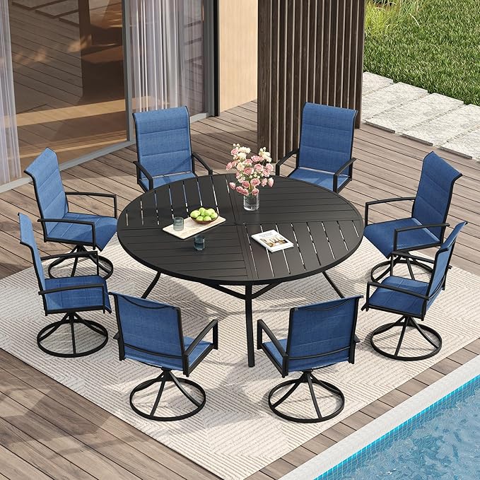 VICLLAX Patio Dining Set for 8, 8 Seats Outdoor Furniture Includes 59.9" Round Patio Table and Swivel Padded Chairs, Black Tabletop and Blue Fabric