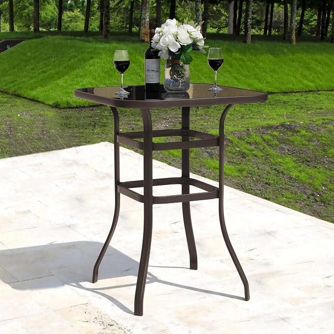 NUU GARDEN Patio Bar Table 32 Inch Outdoor Bar Height Bistro Table with Tempered Glass Table Top and Powder-Coated Iron Frame for Patio, Backyard, Cafes, Black