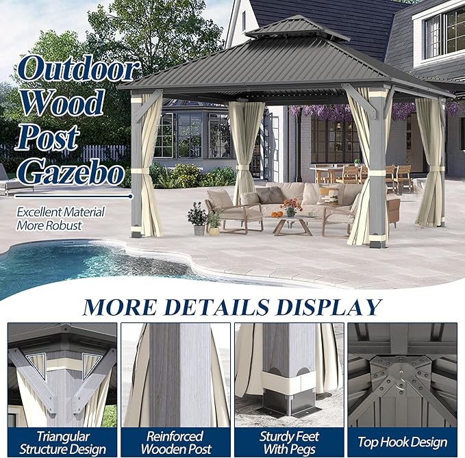 COVERONICS 12'x12' Outdoor Wood Gazebo - Hardtop Wooden Gazebo with Galvanized Steel Roof, Heavy-Duty Pavilion with Netting & Curtains for Garden, Poolside, Deck, Backyard