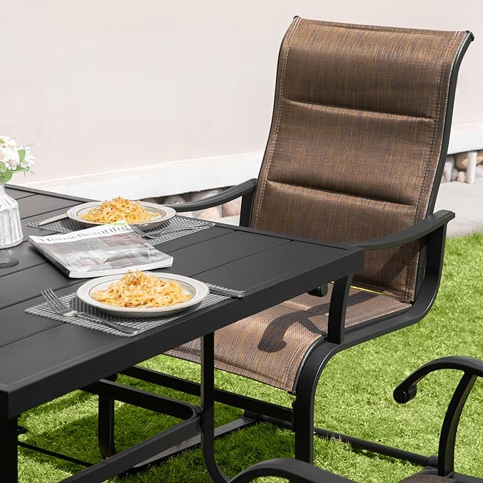 NUU GARDEN 5 Piece Outdoor Dining Set, 4 All Weather Outdoor Padded Textilene Patio Chairs and 37" Square Dining Table with 1.57" Umbrella Hole, for Backyard, Patio, Garden, Brown and Black
