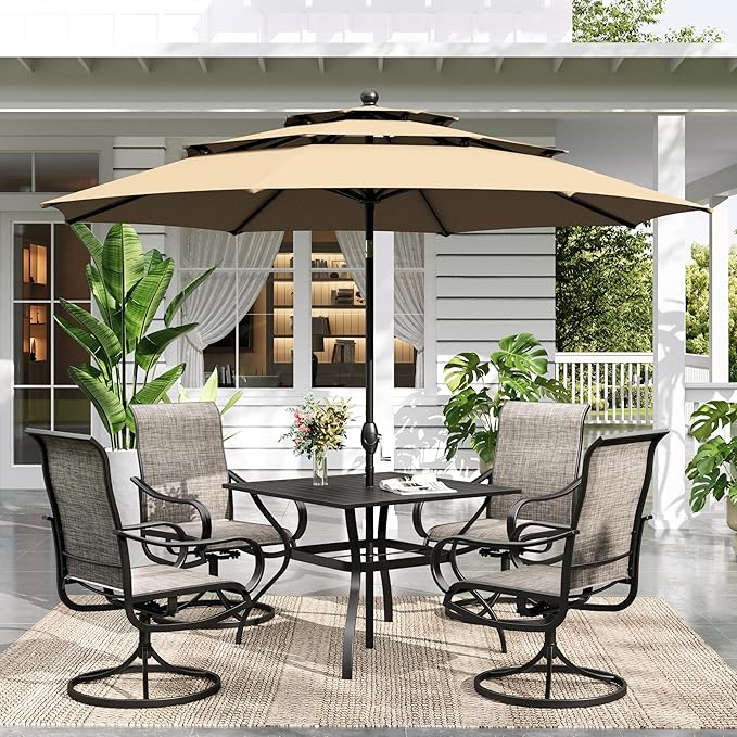 Sophia & William Patio Set with Umbrella 6 Pieces Outdoor Dining Set with 10ft 3 Tier Beige Patio Umbrella Windproof, 4 x Swivel Patio Dining Chairs, Patio Table and Chairs for Garden Backyard