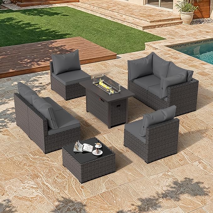 Patio Furniture Set with Fire Pit Table, 8PCS Outdoor Conversation Sets Waterproof Rattan Sectional Sofa with 4” Thickened Cushion Modular Wicker Patio Furniture Set with Glass Top Table (Grey)