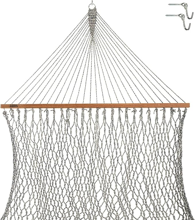 Hatteras Hammocks Small Navy Oatmeal Heirloom Tweed DuraCord Rope Hammock – 11 ft. x 45 in., 450 lb Capacity, Cumaru Spreader Bar, Zinc-Plated Hardware, Handcrafted in The USA