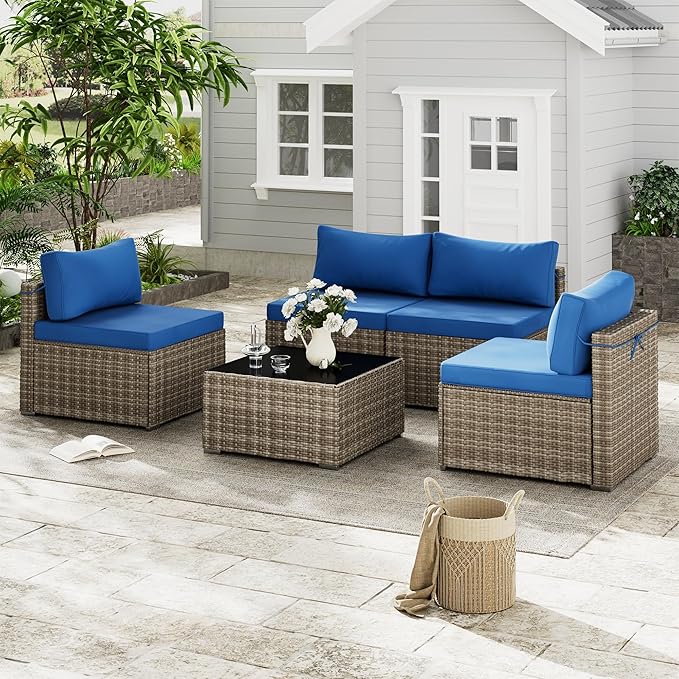 5 Piece Patio Furniture Set, Outdoor Wicker Patio Sofa Set, PE Rattan Sectional Couch with Glass Table and Blue Cushions, All-Weather 5 Piece Outdoor Patio Furniture Sets, Grey