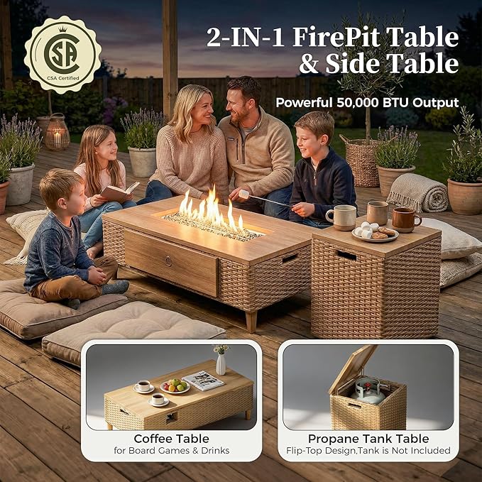 MIXPATIO Patio Furniture Set, 6 Piece Wicker Outdoor Furniture Set with Fire Pit Table & Thick Waterproof Cushions, 7 Seats Patio Conversation Set for Backyard Deck, Gray