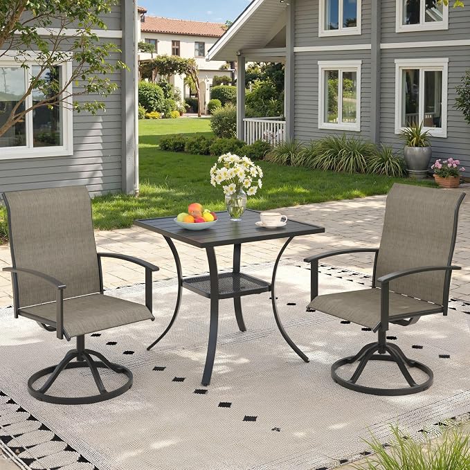 3 Pieces Small Patio Dining Set, Outdoor Furniture of 27.5" Square Small Patio Table and Patio Swivel Chairs for Backyard Lawn Garden, Black Table and Mixed Brown Chairs