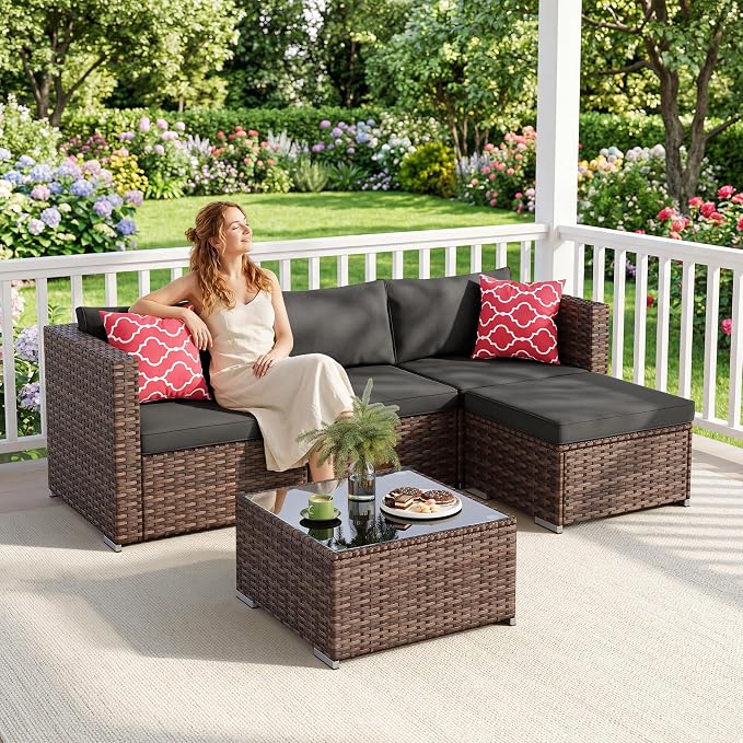 Ahomly 5 Piece Outdoor Patio Furniture Set, PE Wicker Rattan Sectional Sofa with Cushions and Glass Coffee Table, Outdoor Furniture Set for Patio Porch Deck, Black