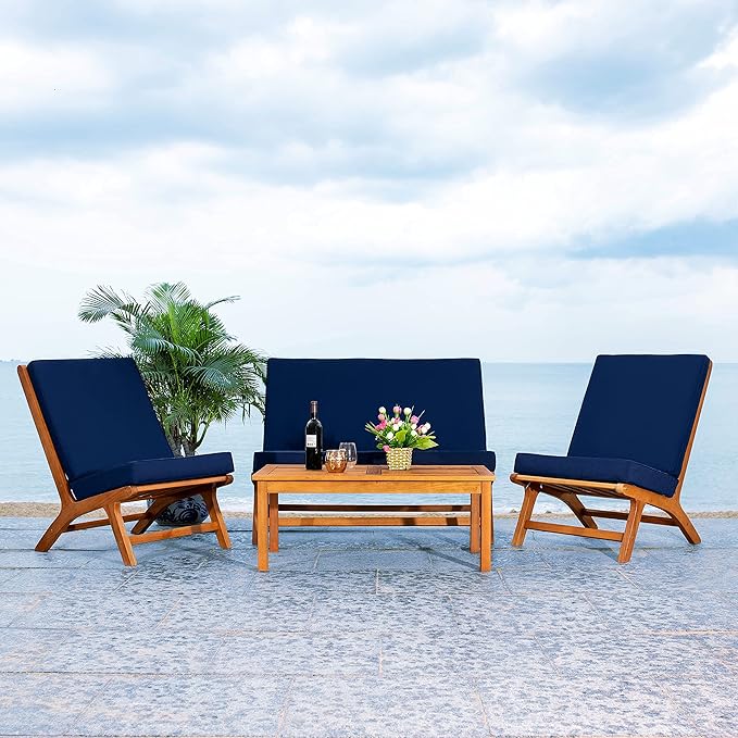 SAFAVIEH Outdoor Collection Chaston Natural Wood/Navy Cushion 4-Piece Conversation Patio Set