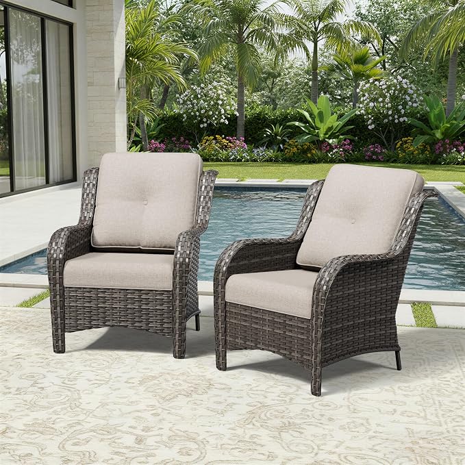 Joyside Patio Chairs Set of 2, Wicker Patio Furniture with High Back, Deep Seating, Wide Armrest, Thickened Cushions, Outdoor Rattan Furniture for Deck, Porch Use