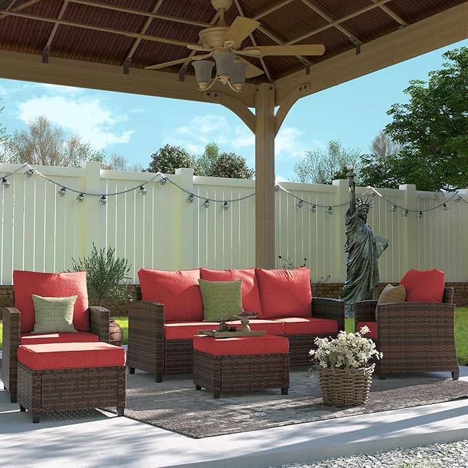 UDPATIO Patio Conversation Set, 5 Pieces Outdoor Furniture Set, All-Weather Wicker Rattan High Back Outdoor Sectional Sofa Set with Ottoman for Poolside, Backyard, Brown Wicker Wine Red Cushions